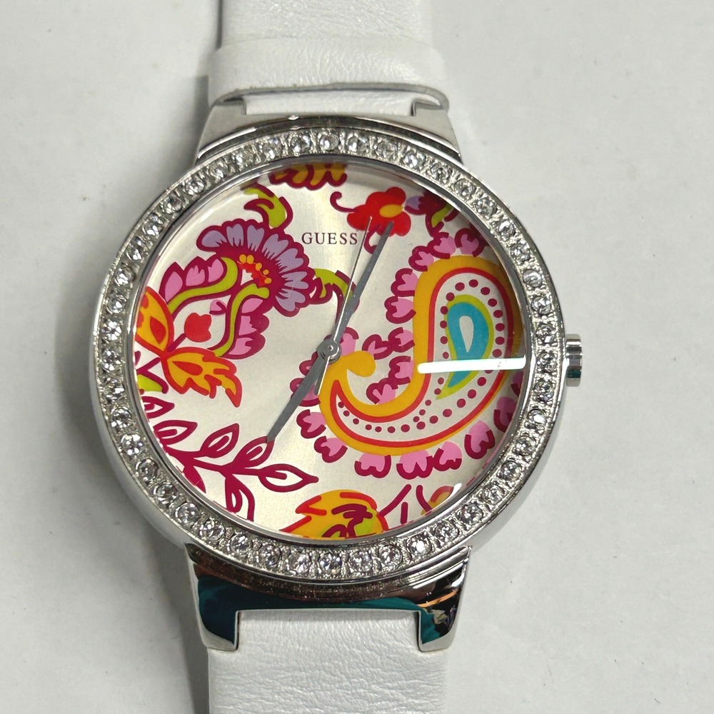 GUESS‎ Paisley Dial Crystal Bezel Watch One Size White Leather Strap Boho Y2K